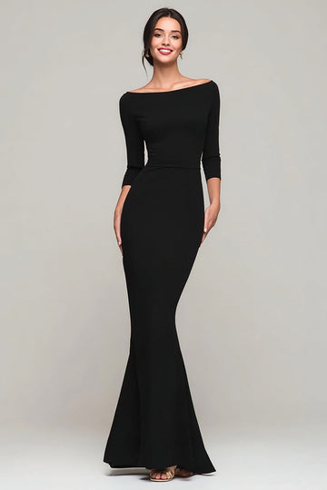 Black Mermaid Boat Neck Long Formal Dress with Sleeves